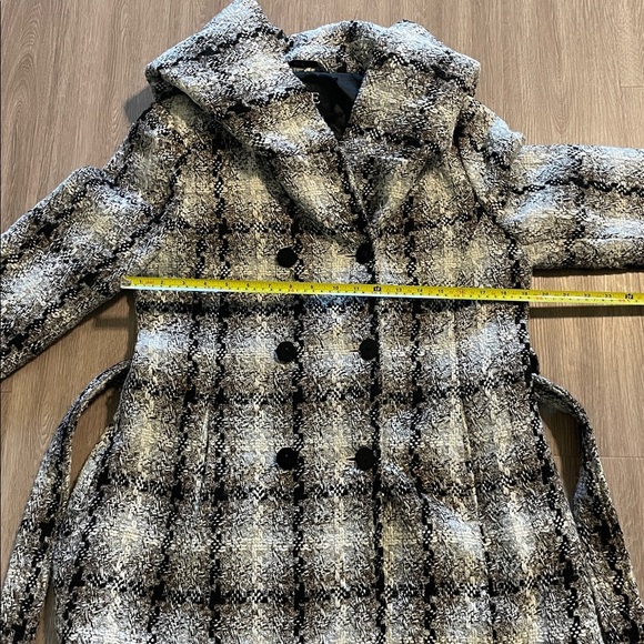 BKE Women Black and White Hooded Checkered Tweed Belted Pea Coat LRG Y2K Preppy - Picture 15 of 16